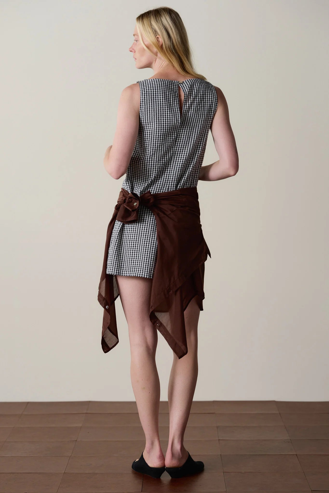 Cotton Gingham Boatneck Dress - Jet