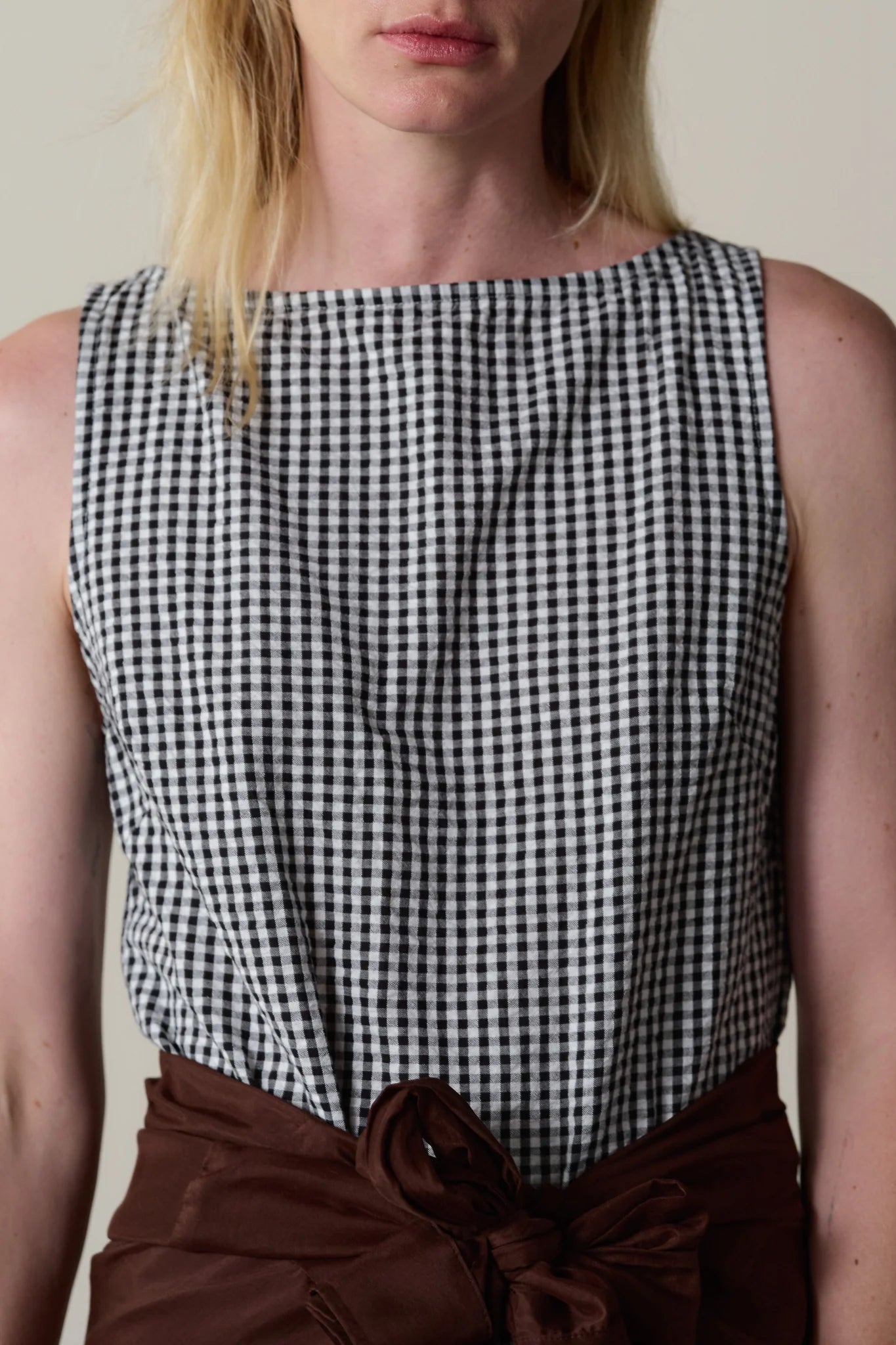 Cotton Gingham Boatneck Dress - Jet